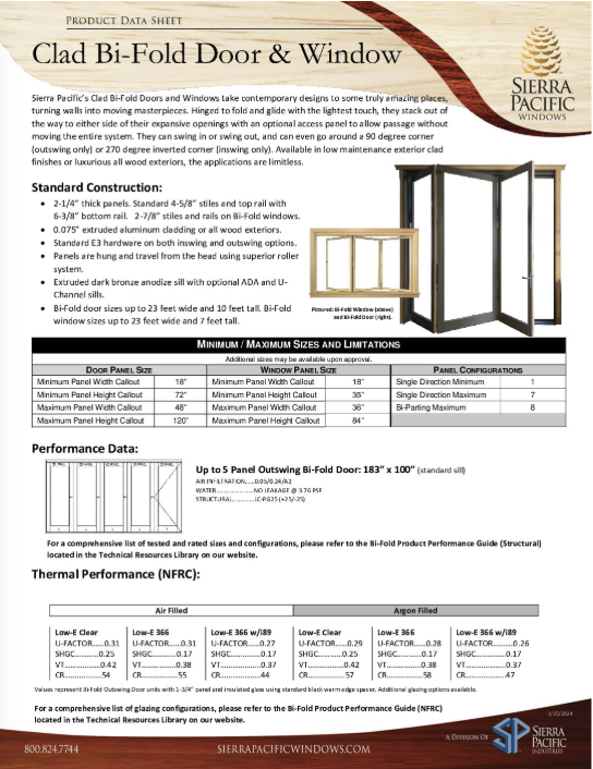 Clad Bi-fold Door and Window Product Data Sheet