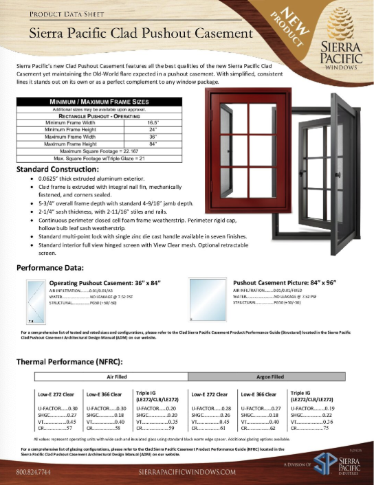 Clad Pushout Casement Product Data Sheet