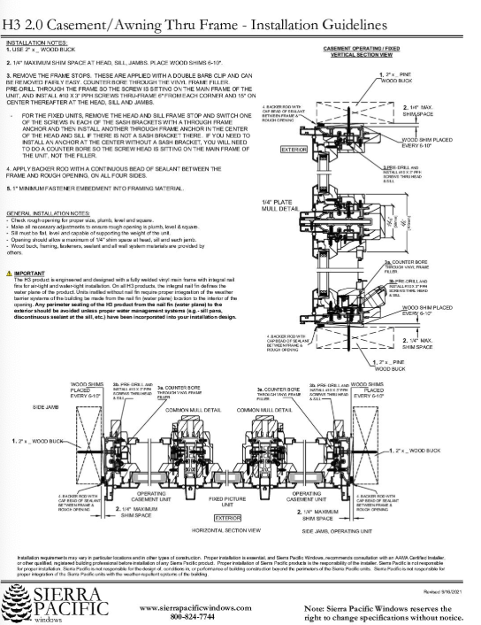 H3 Casement/Awning Thru-Frame Installation Guidelines