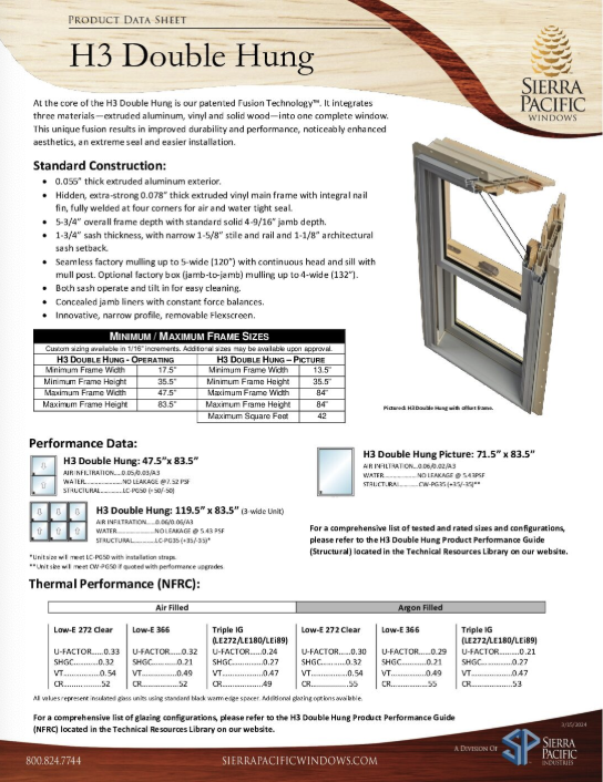 H3 Double Hung Product Data Sheet
