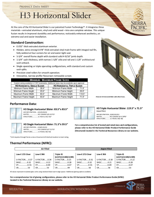 H3 Horizontal Slider Product Data Sheet