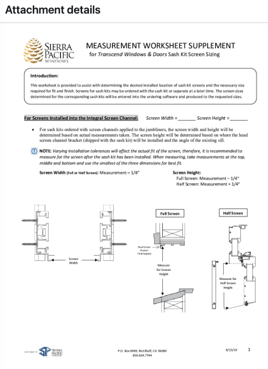 Sash Kit Screen Measurement Supplement