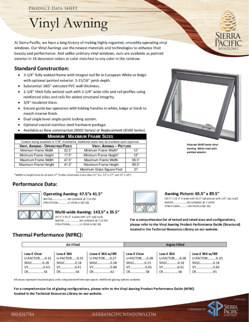 Vinyl Awning Product Data Sheet