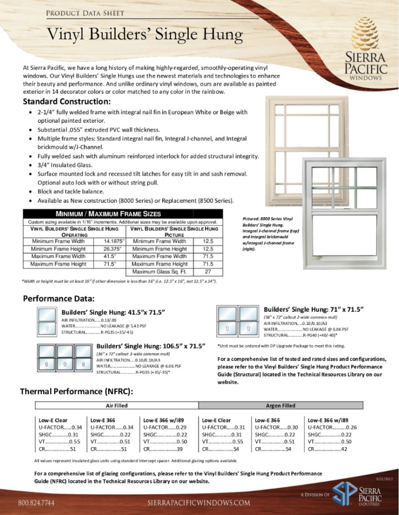 Vinyl Builders’ Single Hung Product Data Sheet