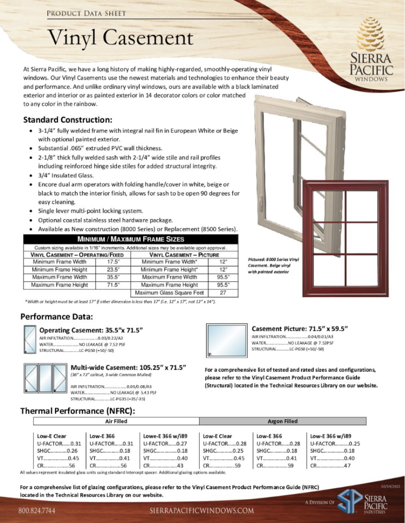Vinyl Casement Product Data Sheet