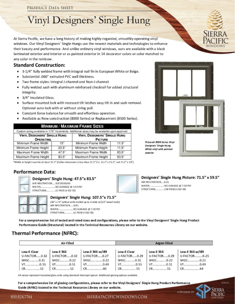 Vinyl Designers’ Single Hung Product Data Sheet