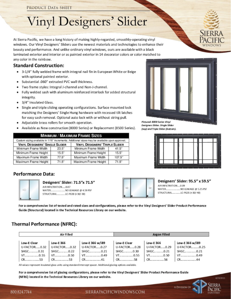 Vinyl Designers’ Slider Product Data Sheet