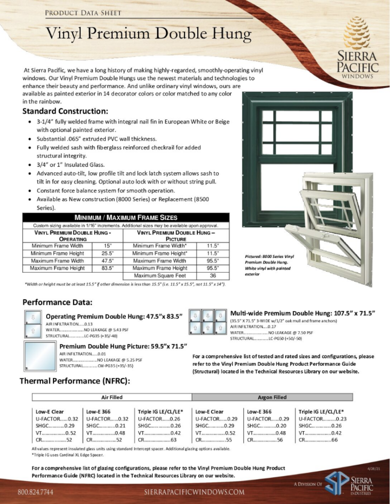 Vinyl Premium Double Hung Product Data Sheet