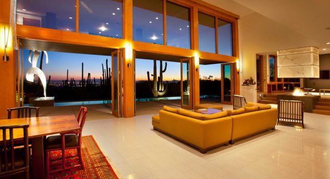 Sierra Pacific Doors - Outswing Bi-Fold Doors - Multi-Panel - Interior Modern Living Room Door Open Desert Night
